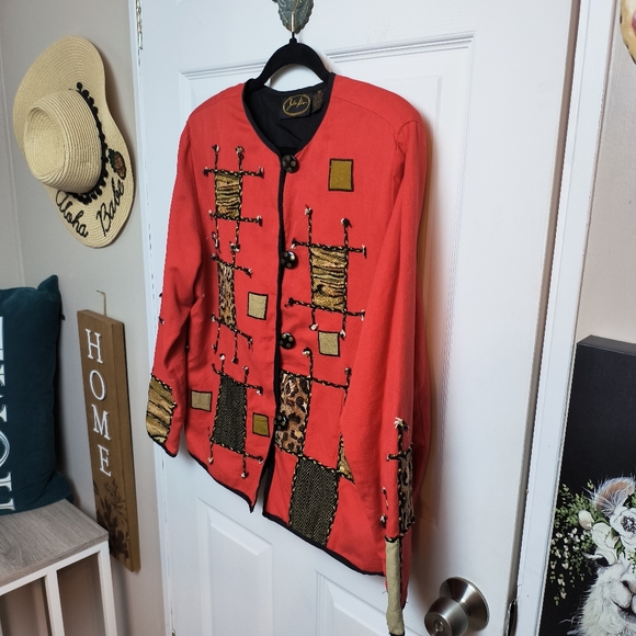 Vintage Julia Ku Jacket Sz M Red Animal Print Patchwork Retro - Picture 2 of 8